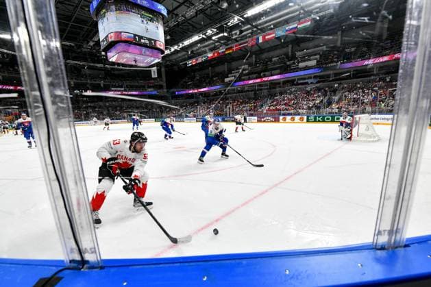 RIGA, LATVIA MAY 15 Michael Carcone of Canada in action during the 2023 IIHF Ice Hockey World Championship Finland Latvia game between Slovakia and Canada at Arena Riga on May 15, 2023 in Riga, Latvia Riga Arena Riga Latvia  Copyright: xJustPictures.ch AndreaxBrancax