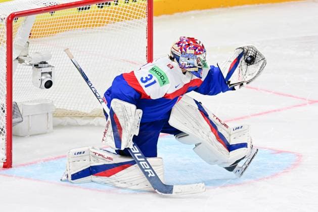 Goalkeeper Samuel Hlavaj (SVK) in action during the IIHF Ice hockey, Eishockey World Championship, WM, Weltmeisterschaft Group B match Slovakia vs Canada, on May 15, 2023, in Riga, Latvia. (CTKxPhoto DavidxTanecek) CTKPhotoP2023051506737  CTKPhotoP2023051506737