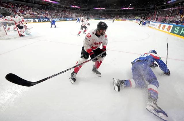 (230516) -- RIGA, May 16, 2023 -- Slovakia s forward Richard Panik (R) vies with Canada s defenseman MacKenzie Weegar during the Group B match between Canada and Slovakia at the 2023 IIHF Ice hockey, Eishockey World Championship, WM, Weltmeisterschaft in Riga, Latvia, May 15, 2023. (Photo by Xinhua) (SP)LATVIA-RIGA-2023 IIHF ICE HOCKEY WORLD CHAMPIONSHIP-CANADA VS SLOVAKIA EdijsxPalens 