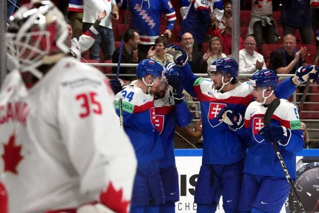 (230516) -- RIGA, May 16, 2023 -- Slovakia s players celebrate after scoring during the Group B match between Canada and Slovakia at the 2023 IIHF Ice hockey, Eishockey World Championship, WM, Weltmeisterschaft in Riga, Latvia, May 15, 2023. (Photo by Xinhua) (SP)LATVIA-RIGA-2023 IIHF ICE HOCKEY WORLD CHAMPIONSHIP-CANADA VS SLOVAKIA EdijsxPalens 