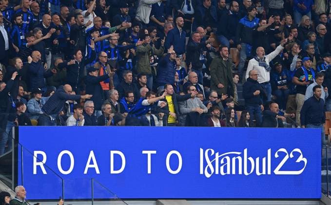 FOOTBALL CHAMPIONS LEAGUE SEASON 2022 2023 semi-final second leg Inter Milan AC Milan 16 05 2023 Inter Milan fans cheer in Giuseppe Meazza stadium in front of a banner Road to Istanbul 2023