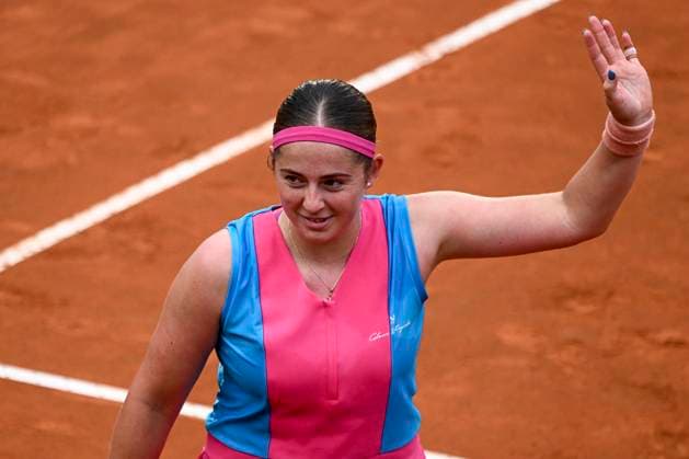 Jelena Ostapenko of Latvia celebrates at the end of her match against Paula Badosa of Spain at the Internazionali BNL d Italia tennis tournament at Foro Italico in Rome, Italy on May 17th, 2023. antoniettaxbaldassarre