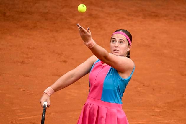 Jelena Ostapenko of Latvia in action during her match against Paula Badosa of Spain at the Internazionali BNL d Italia tennis tournament at Foro Italico in Rome, Italy on May 17th, 2023. antoniettaxbaldassarre