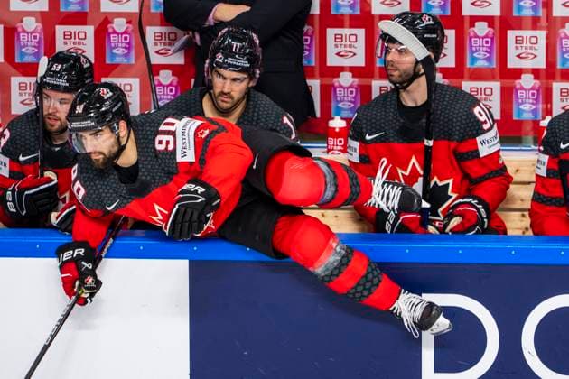 RIGA, LATVIA MAY 17 Joe Veleno of Canada entering the rink for his shift during the 2023 IIHF Ice Hockey World Championship Finland Latvia game between Canada and Kazakhstan at Arena Riga on May 17, 2023 in Riga, Latvia Riga Arena Riga Latvia  Copyright: xJustPictures.ch JarixPestelaccix