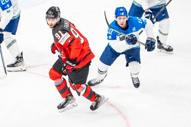 RIGA, LATVIA MAY 17 Adam Fantilli of Canada L in action chased by Nikita Mikhailis of Kazakhstan R during the 2023 IIHF Ice Hockey World Championship Finland Latvia game between Canada and Kazakhstan at Arena Riga on May 17, 2023 in Riga, Latvia Riga Arena Riga Latvia  Copyright: xJustPictures.ch JarixPestelaccix
