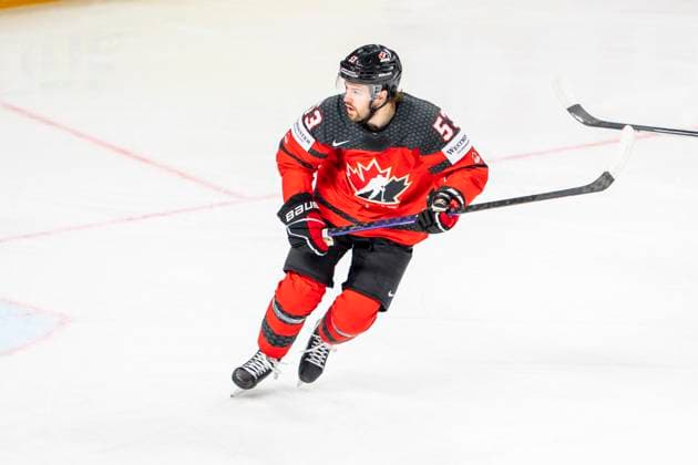 RIGA, LATVIA MAY 17 Michael Carcone of Canada in action during the 2023 IIHF Ice Hockey World Championship Finland Latvia game between Canada and Kazakhstan at Arena Riga on May 17, 2023 in Riga, Latvia Riga Arena Riga Latvia  Copyright: xJustPictures.ch JarixPestelaccix
