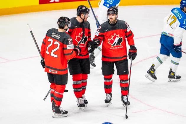 RIGA, LATVIA MAY 17 MacKenzie Weegar of Canada R , Jack Quinn of Canada L celebrating their goal during the 2023 IIHF Ice Hockey World Championship Finland Latvia game between Canada and Kazakhstan at Arena Riga on May 17, 2023 in Riga, Latvia Riga Arena Riga Latvia  Copyright: xJustPictures.ch JarixPestelaccix