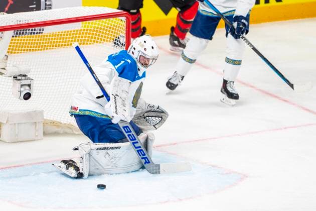 RIGA, LATVIA MAY 17 goalkeeper Nikita Boyarkin of Kazakhstan saves during the 2023 IIHF Ice Hockey World Championship Finland Latvia game between Canada and Kazakhstan at Arena Riga on May 17, 2023 in Riga, Latvia Riga Arena Riga Latvia  Copyright: xJustPictures.ch JarixPestelaccix
