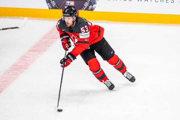 RIGA, LATVIA MAY 17 Michael Carcone of Canada in action during the 2023 IIHF Ice Hockey World Championship Finland Latvia game between Canada and Kazakhstan at Arena Riga on May 17, 2023 in Riga, Latvia Riga Arena Riga Latvia  Copyright: xJustPictures.ch JarixPestelaccix
