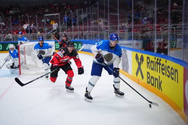 LATVIA, RIGA - 17.05.23: KREBS Peyton, KOROLYOV Artyom. Game Canada vs Kazakhstan. IIHF 2023 Ice hockey, Eishockey World Championship, WM, Weltmeisterschaft at Arena Riga  Copyright: xVITALIIxKLIUIEVx