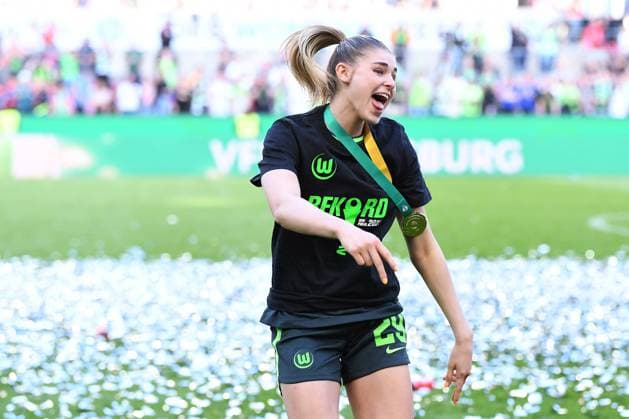 Soccer DFB Cup final women VfL Wolfsburg SC Freiburg on 18 05 2023 at RheinEnergieStadion in Cologne Jule Brand Wolfsburg celebrate victory with fans DFB regulations prohibit any use of photographs as image sequences and or quasi video xHDx