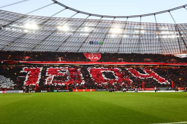 Leverkusen fans Bayer 04 Leverkusen Bayer 04 Leverkusen vs AS Roma, football, European League, semifinal, second leg, 2022 2023 season, 18 05 2023 photo kolbert press Ant Palmer Leverkusen NRW Germany Copyright: xkolbert-press AntxPalmerx