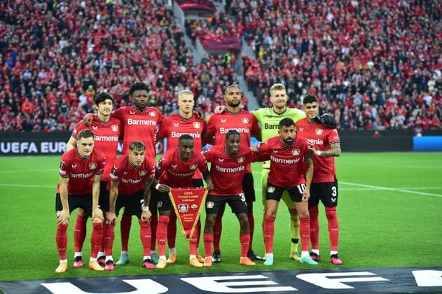 18 05 2023 Leverkusen football, men, Europa League, semifinals, 2022 2023 season, Bayer 04 Leverkusen vs AS Rome The Leverkusen team DFL regulations prohibit any use of photographs as image sequences and or quasi video BayArena NRW Germany