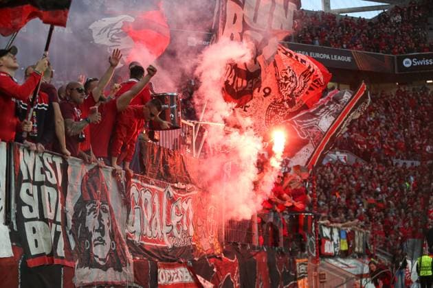 Germany, Leverkusen, 18 05 2023, BayArena, Bayer 04 Leverkusen AS Rom Uefa Europa Leaque, Supporters of Bayer 04 Leverkusen use pyrotechnics Leverkusen BayArena North Rhine Westfalia Germany  eu-images-678