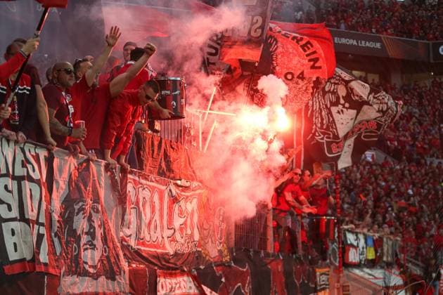 Germany, Leverkusen, 18 05 2023, BayArena, Bayer 04 Leverkusen AS Rom Uefa Europa Leaque, Supporters of Bayer 04 Leverkusen use pyrotechnics Leverkusen BayArena North Rhine Westfalia Germany  eu-images-678