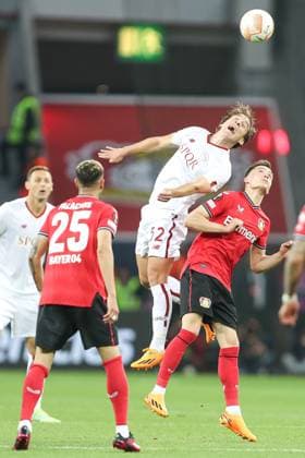 Germany, Leverkusen, 18 05 2023, BayArena, Bayer 04 Leverkusen AS Rom Uefa Europa Leaque, Edoardo Bove AS Rom and Florian Wirtz Bayer 04 Leverkusen battle for the ball Leverkusen BayArena North Rhine Westfalia Germany  eu-images-678