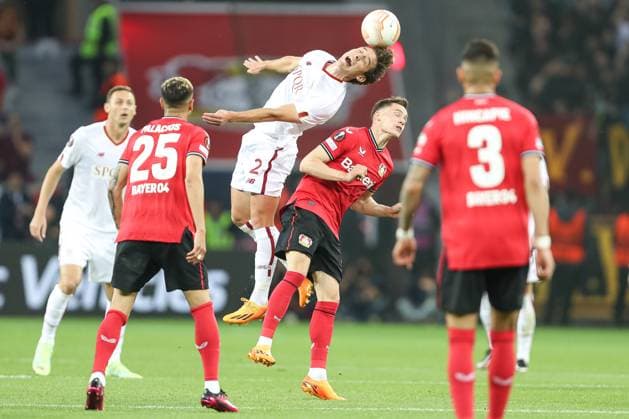 Germany, Leverkusen, 18 05 2023, BayArena, Bayer 04 Leverkusen AS Rom Uefa Europa Leaque, Edoardo Bove AS Rom and Florian Wirtz Bayer 04 Leverkusen battle for the ball Leverkusen BayArena North Rhine Westfalia Germany  eu-images-678