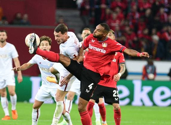 18 05 2023 Leverkusen football, men, Europa League, semifinals, 2022 2023 season, Bayer 04 Leverkusen vs AS Rome duel between v li Andrea Belotti Rome , Jonathan Tah Leverkusen DFL regulations prohibit any use of photographs as image sequences and or quasi video BayArena NRW Germany