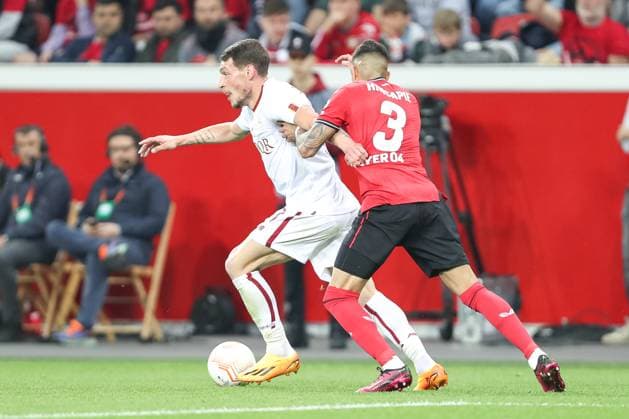 Germany, Leverkusen, 18 05 2023, BayArena, Bayer 04 Leverkusen AS Rom Uefa Europa Leaque, Andrea Belotti AS Rom and Piero Hincapie Bayer 04 Leverkusen battle for the ball Leverkusen BayArena North Rhine Westfalia Germany  eu-images-678