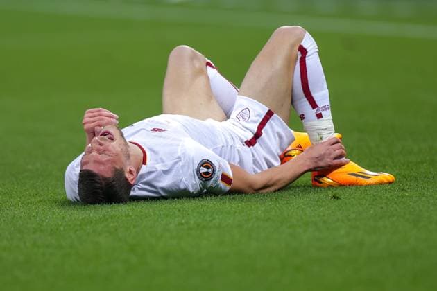 18 05 2023, football, 2022 2023 season, UEFA Europa League, semifinals, UEL, Bayer 04 Leverkusen AS Rome, Andrea Belotti AS Rome lies on the grass, Leverkusen BayArena NRW Germany xRHR PHOTO ENx Copyright: RHR-FOTO DennisxEwertx RHR-FOTO DE