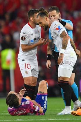 Photo Juan Jos& xe8; Ubeda LaPresse May 18, 2023 - Sevilla, Spain - Soccer - Siviglia Vs FC Juventus - UEFA Europa League 2022 2023 semi final second leg - Stadio Ram& xf3;n S& xe1;nchez Pizju& xe1;n. In the photo: Nemanja Gudelj (Siviglia) and Nicolo Fagioli (Juventus)  Copyright: xJuanxJos& xe8;xUbeda LaPresse Jux