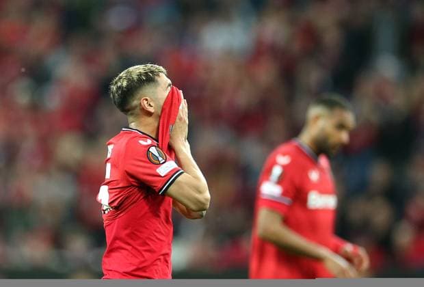 18 05 2023, Football UEFA Europa League 2022 2023, Semifinals, Bayer 04 Leverkusen AS Roma, at BayArena Leverkusen Exequiel Palacios Bayer Leverkusen disappointed DFL and DFB regulations prohibit any use of photographs as image sequences and or quasi video