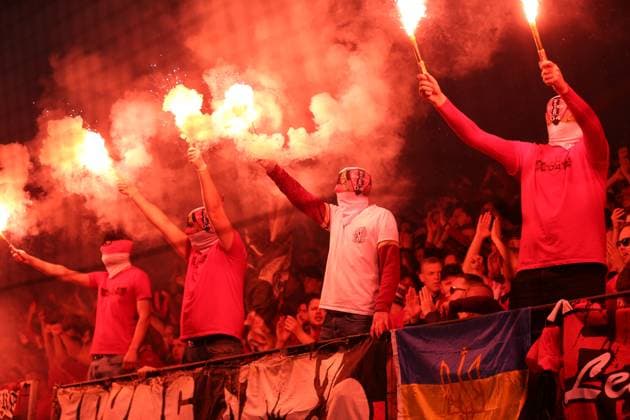 Germany, Leverkusen, 18 05 2023, BayArena, Bayer 04 Leverkusen AS Rom Uefa Europa Leaque, Supporters of Bayer 04 Leverkusen use pyrotechnics Leverkusen BayArena North Rhine Westfalia Germany  eu-images-678