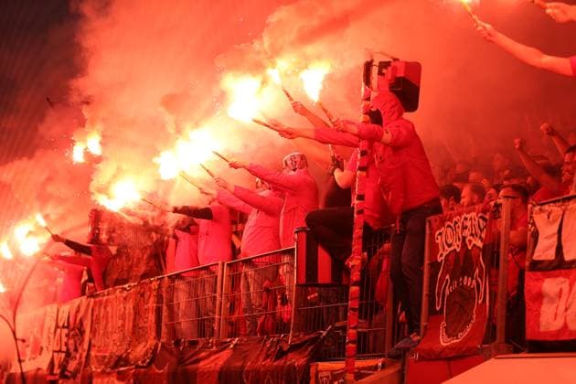 Germany, Leverkusen, 18 05 2023, BayArena, Bayer 04 Leverkusen AS Rom Uefa Europa Leaque, Supporters of Bayer 04 Leverkusen use pyrotechnics Leverkusen BayArena North Rhine Westfalia Germany  eu-images-678