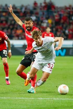 Edoardo BOVE AS Roma, 52 before Kerem DEMIRBAY Bayer 04 Leverkusen, 10 Leverkusen, Football UEFA Europa League Semifinal, Bayer 04 Leverkusen AS Roma, 18 05 2023, BayArena, Leverkusen UEFA regulations prohibit any use of photographs as image sequences and or quasi video Â