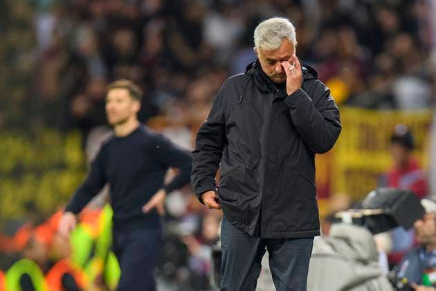 Soccer Europa League, 2022 2023 season, semifinals, Bayer 04 Leverkusen AS Rome on 18 05 2023 in Leverkusen North Rhine Westphalia Rome s head coach Jose Mourinho stands on the sidelines, disappointment, facial expressions, Copyright: xChristopherxNeundorfx xKirchnerxMediax