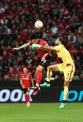 18 05 2023, Football UEFA Europa League 2022 2023, Semifinal, Bayer 04 Leverkusen AS Roma, at BayArena Leverkusen L R Sardar Azmoun Bayer Leverkusen vs Goalkeeper Rui Patricio AS Roma DFL and DFB regulations prohibit any use of photographs as image sequences and or quasi video