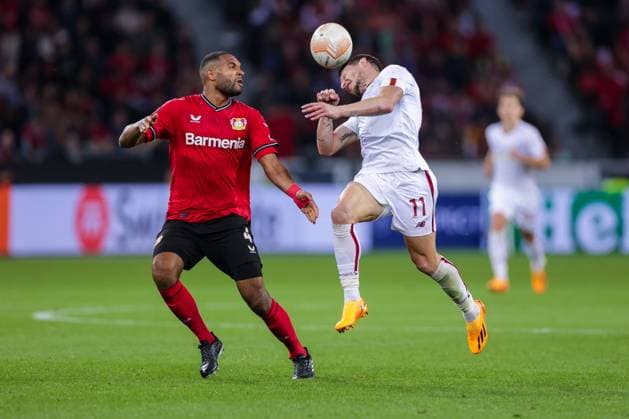 18 05 2023, Football, 2022 2023 season, UEFA Europa League, Semifinals, UEL, Bayer 04 Leverkusen AS Rome, v l Jonathan Tah Bayer 04 Leverkusen , Andrea Belotti AS Rome , Leverkusen BayArena NRW Germany xRHR PHOTO DEx Copyright: RHR-FOTO DennisxEwertx RHR-FOTO DE