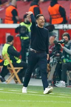 Xabi ALONSO Bayer 04 Leverkusen, head coach veraergert Leverkusen, football UEFA Europa League semi-final, Bayer 04 Leverkusen AS Rome, 18 05 2023, BayArena, Leverkusen UEFA regulations prohibit any use of photographs as image sequences and or quasi video Â