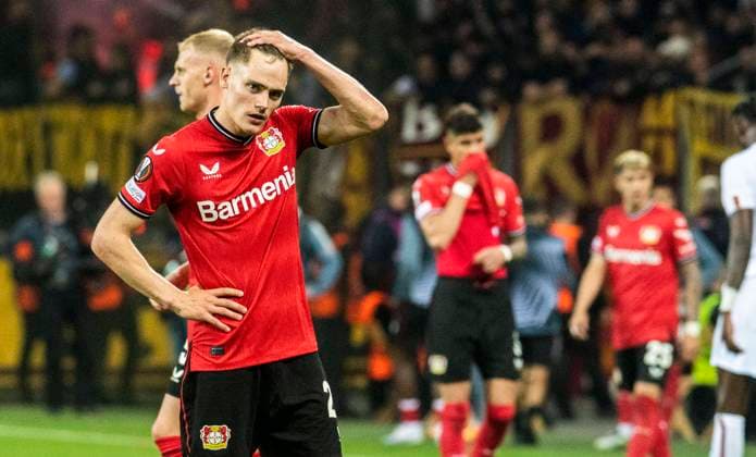 18 05 2023, GER, soccer, men, UEFA, soccer Europa League, semifinals, second leg, season 2022 2023, TSV Bayer 04 Leverkusen AS Rome disappointment for Florian Wirtz TSV Bayer 04 Leverkusen Leverkusen BayArena Nordrhein Westfalen Germany