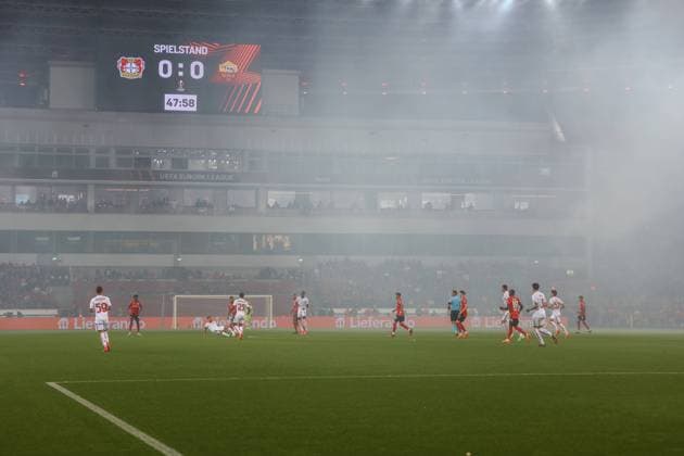 BayArena, Leverkusen, pyro, Bayer 04 Leverkusen vs AS Roma, football, european league, semifinal, second leg, 2022 2023 season, 18 05 2023 photo kolbert press Ant Palmer Leverkusen NRW Germany Copyright: xkolbert-press AntxPalmerx