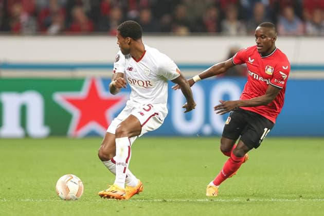 Germany, Leverkusen, 18 05 2023, BayArena, Bayer 04 Leverkusen AS Roma Uefa Europa Leaque, Georginio Wijnaldum AS Roma and Moussa Diaby Bayer 04 Bayer 04 Leverkusen battle for the ball Leverkusen BayArena North Rhine Westfalia Germany  eu-images-678