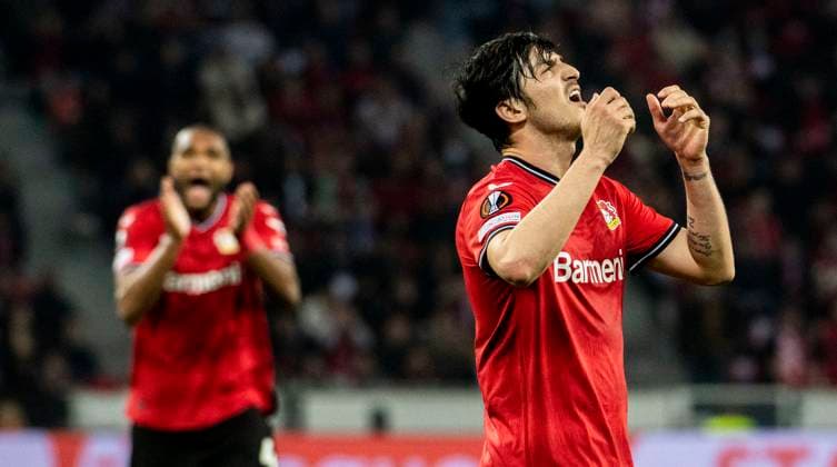 18 05 2023, GER, Football, Men, UEFA, Football Europa League, Semifinals, Second leg, 2022 2023 season, TSV Bayer 04 Leverkusen AS Roma Sardar Azmoun TSV Bayer 04 Leverkusen is disappointed after missing a goal-scoring opportunity Leverkusen BayArena Nordrhein Westfalen Germany