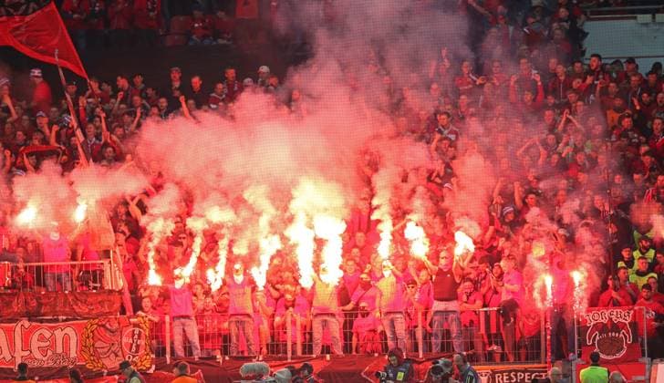 Bayer 04 Leverkusen v AS Roma, UEFA Europa League, Semi finals, 2nd leg, Bay Arena, Cologne, Germany, 18th May 2023 Bayer Leverkusen fans with flares. - Bayer 04 Leverkusen v AS Roma, UEFA Europa League, Semi finals, 2nd leg, Bay Arena, Cologne, Germany. - 18th May 2023. Cologne Bay Arena Germnay Copyright: xDanxWeirx CP_Bayer_Leverkusen_AS_Roma_46