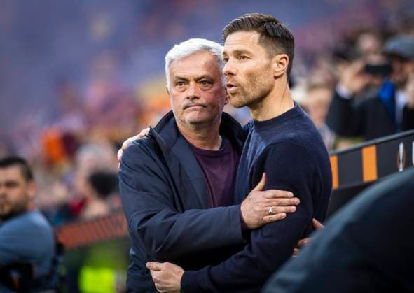 Leverkusen, Germany 18th May, 2023 coach Jose Morinho AS Rome coach Xabi Alonso Leverkusen Bayer Leverkusen AS Rome 18 05 2023