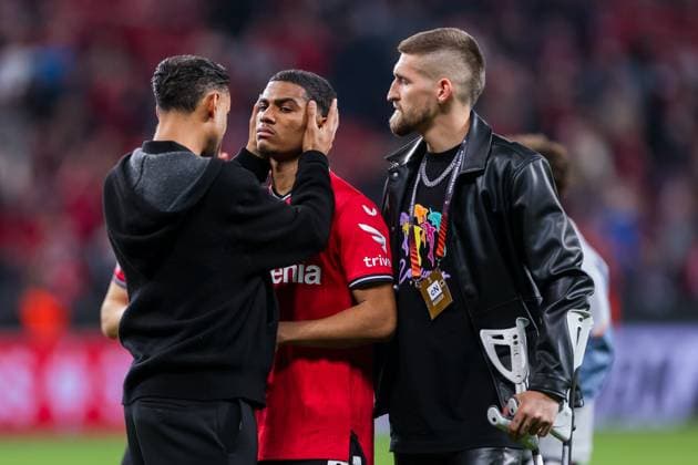 18 05 2023, Football, 2022 2023 season, UEFA Europa League, Semifinals, UEL, Bayer 04 Leverkusen AS Rome, v l Karim Bellarabi Bayer 04 Leverkusen , Amine Adli Bayer 04 Leverkusen , Robert Andrich Bayer 04 Leverkusen , Leverkusen BayArena NRW Germany xRHR PHOTO DEx Copyright: RHR-FOTO DennisxEwertx RHR-FOTO DE