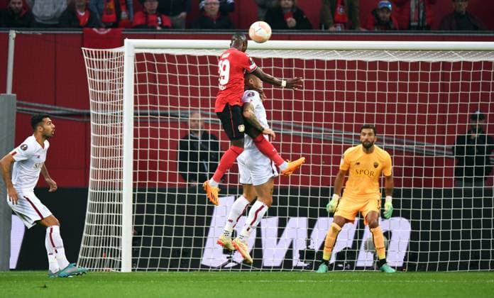 Football, Europa League, Germany, Men, Season 2022 2023, Semifinal Second Leg, BayArena Leverkusen, Bayer Leverkusen AS Roma Goal Chance Moussa Diaby LEV vs Rui Patricio ASR Action UEFA REGULATES PROHIBIT ANY USE OF PHOTOGRAPHS AS IMAGE SEQUENCES AND OR QUASI VIDEO