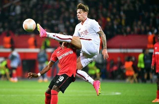 Football, Europa League, Germany, Men, Season 2022 2023, Semifinal Second Leg, BayArena Leverkusen, Bayer Leverkusen AS Roma Nicola Zalewski ASR , Moussa Diaby LEV Action UEFA REGULATES PROHIBIT ANY USE OF PHOTOGRAPHS AS IMAGE SEQUENCES AND OR QUASI VIDEO