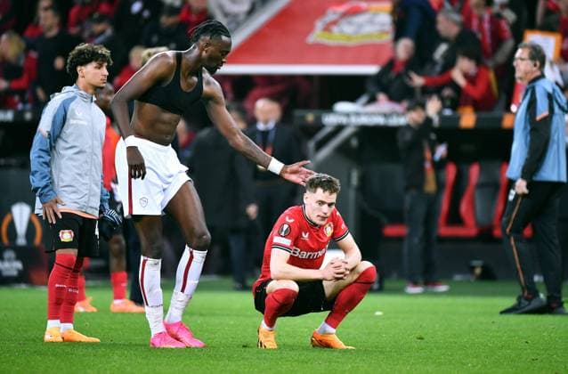 Football, Europa League, Germany, men, season 2022 2023, semifinal second leg, BayArena Leverkusen, Bayer Leverkusen AS Rom 0 0 Florian Wirtz LEV disappointed after end of match disappointment, frustration, action UEFA REGULATES PROHIBIT ANY USE OF PHOTOGRAPHS AS IMAGE SEQUENCES AND OR QUASI VIDEO