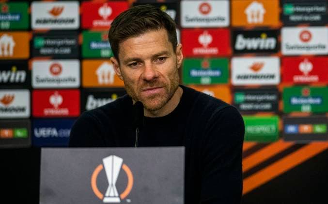 18 05 2023, GER, soccer, men, UEFA, soccer Europa League, semifinals, second leg, 2022 2023 season, TSV Bayer 04 Leverkusen AS Roma 0 0 coach Xabi Alonso TSV Bayer 04 Leverkusen during the post-match press conference Leverkusen BayArena Nordrhein Westfalen Germany