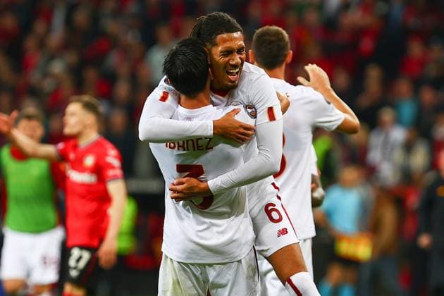 Roger Ibanez AS Roma and Chris Smalling AS Roma celebrate after victory against Bayer Leverkusen, Bayer 04 Leverkusen vs AS Roma, soccer, European League, semifinal, second leg, 2022 2023 season, 18 05 2023 photo kolbert press Ant Palmer Leverkusen NRW Germany Copyright: xkolbert-press AntxPalmerx