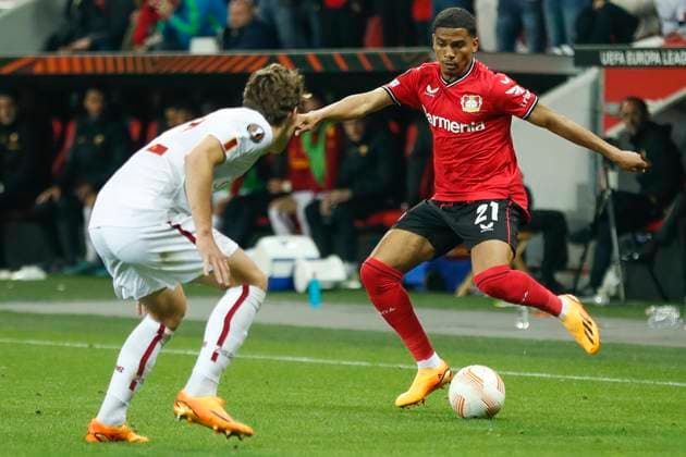 Amine ADLI Bayer 04 Leverkusen, 21 Leverkusen, Football UEFA Europa League Semi Final, Bayer 04 Leverkusen AS Rom, 18 05 2023, BayArena, Leverkusen UEFA regulations prohibit any use of photographs as image sequences and or quasi video Â