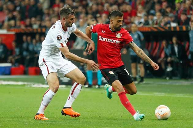 Bryan CRISTANTE AS Roma, 4 , Kerem DEMIRBAY Bayer 04 Leverkusen, 10 Leverkusen, Football UEFA Europa League Semi Final, Bayer 04 Leverkusen AS Roma, 18 05 2023, BayArena, Leverkusen UEFA regulations prohibit any use of photographs as image sequences and or quasi video Â