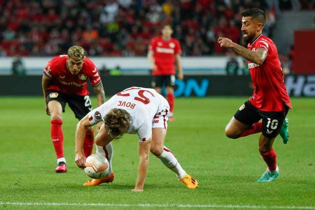 Edoardo BOVE AS Rom, 52 , Kerem DEMIRBAY Bayer 04 Leverkusen, 10 Leverkusen, Football UEFA Europa League Semi Final, Bayer 04 Leverkusen AS Rom, 18 05 2023, BayArena, Leverkusen UEFA regulations prohibit any use of photographs as image sequences and or quasi video Â