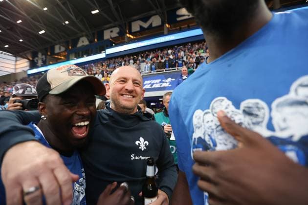 Darmstadt celebrates promotion, Torsten Lieberknecht, SV Darmstadt 98 vs FC Magdeburg, 2 Football Bundesliga, Football, 33 Matchday, 19 5 2023, DFL REGULATES PROHIBIT ANY USE OF PHOTOGRAPHS AS IMAGE SEQUENCES AND OR QUASI hVIDEO, SV Darmstadt 98 vs FC Magdeburg, 2 Football Bundesliga, Football, 33 Matchday, 19 5 2023 Darmstadt Copyright: xEibner-Pressefoto JoergxNiebergax EP_EER