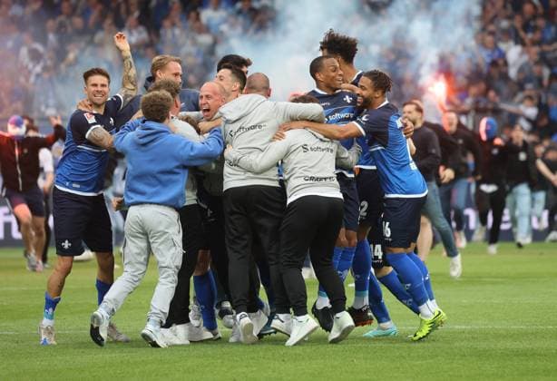 Darmstadt celebrates promotion, SV Darmstadt 98 vs FC Magdeburg, 2 Football Bundesliga, Football, 33 Matchday, 19 5 2023, DFL REGULATES PROHIBIT ANY USE OF PHOTOGRAPHS AS IMAGE SEQUENCES AND OR QUASI hVIDEO, SV Darmstadt 98 vs FC Magdeburg, 2 Football Bundesliga, Football, 33 Matchday, 19 5 2023 Darmstadt Copyright: xEibner-Pressefoto JoergxNiebergax EP_EER